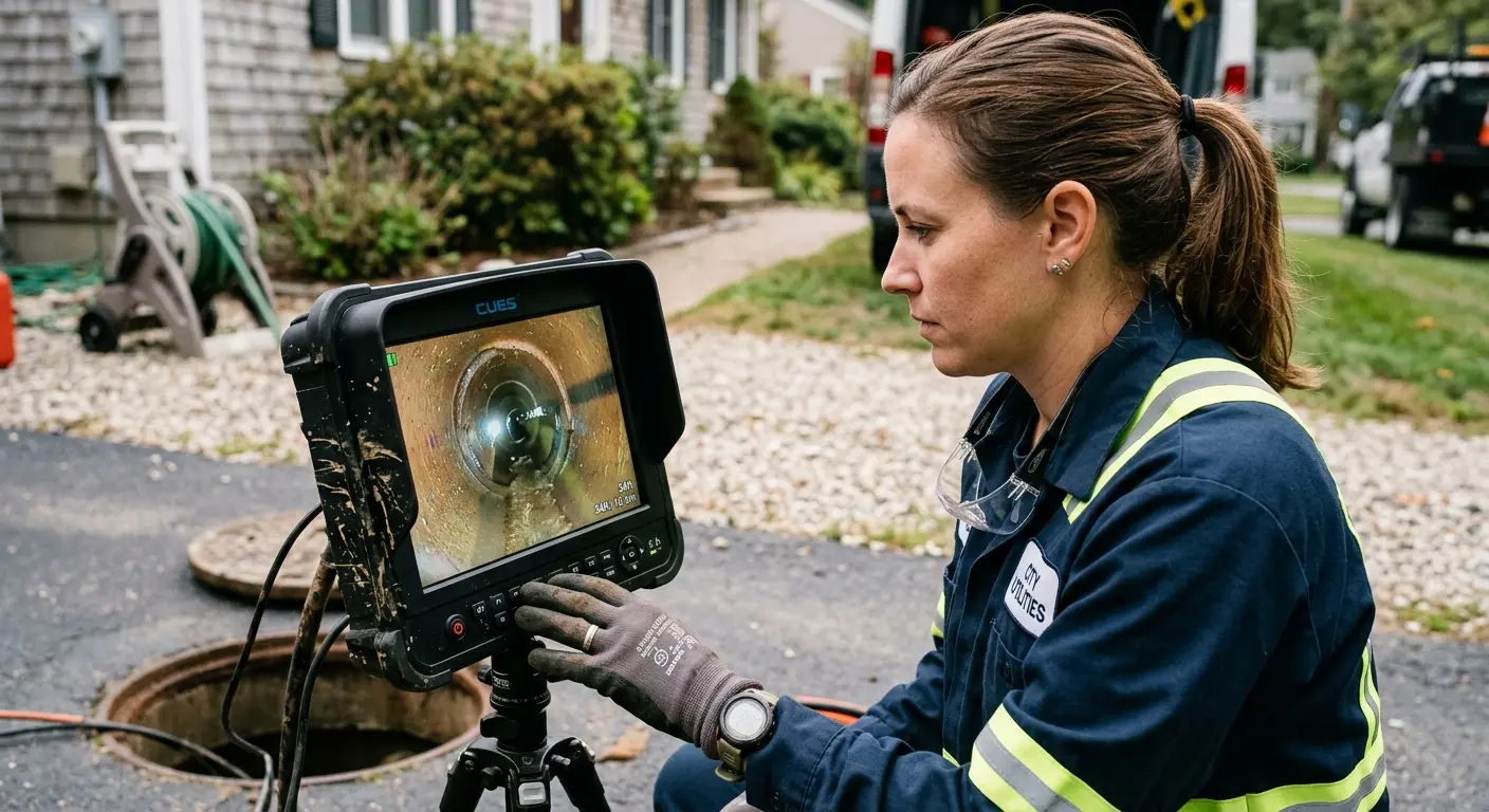Technician reviewing sewer camera inspection footage in North Branch