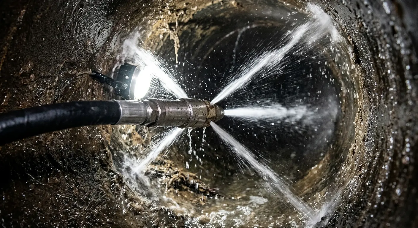 High-pressure hydro jetting nozzle cleaning sewer pipe for Trenchless Sewer Repair in North Branch