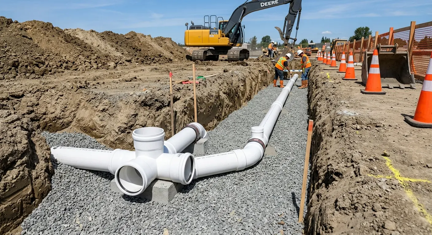 New PVC sewer pipe installation in open trench for Commercial Drain Cleaning in North Branch