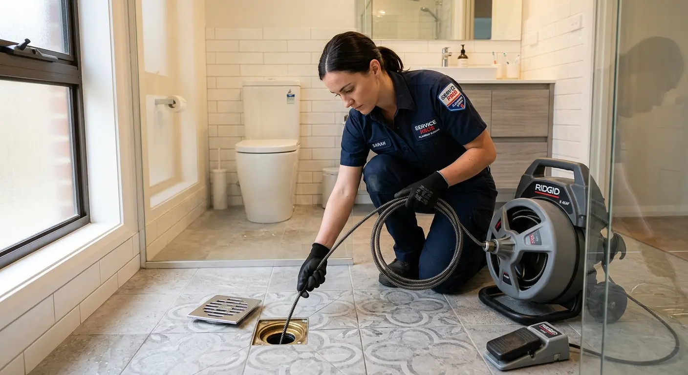 Technician clearing a bathroom floor drain for Clogged Drain Repair in North Branch
